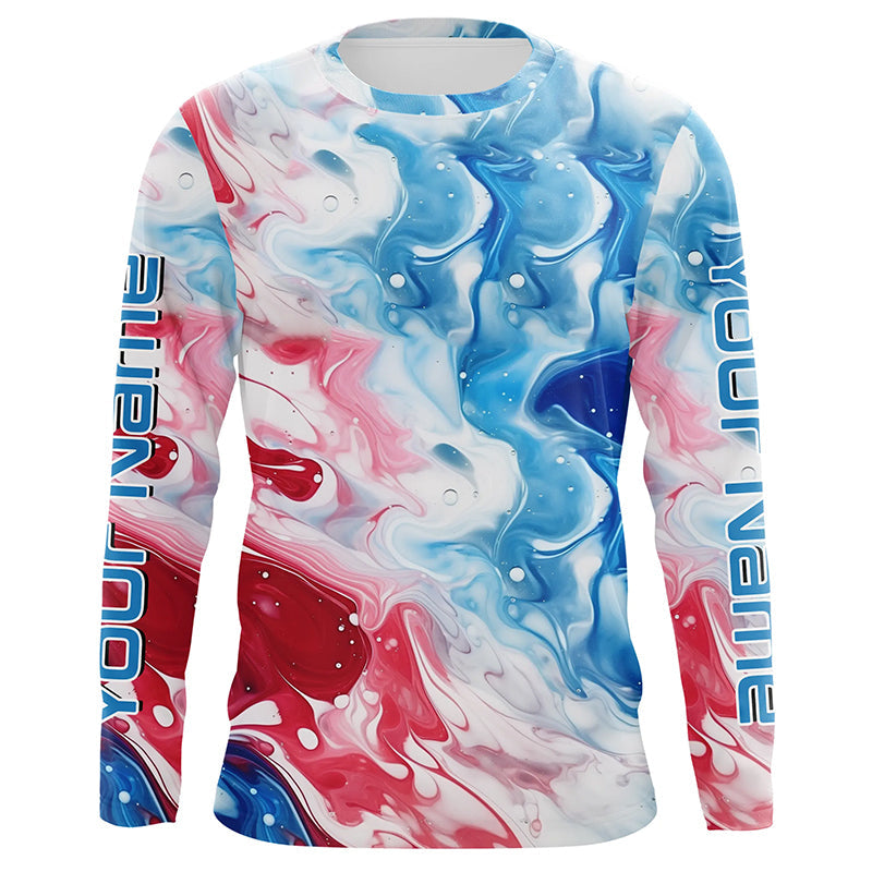 Red, White, Blue Tie Dye Camo Custom Long Sleeve Fishing Shirts, Patriotic Fishing Jerseys IPHW5204