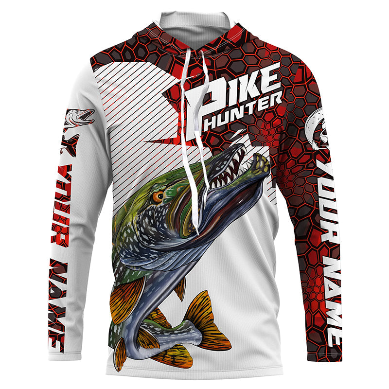Pike Hunter Custom Nothern Pike Fishing Jerseys, Pike Long Sleeve Fishing Shirts | Red Camo IPHW3835