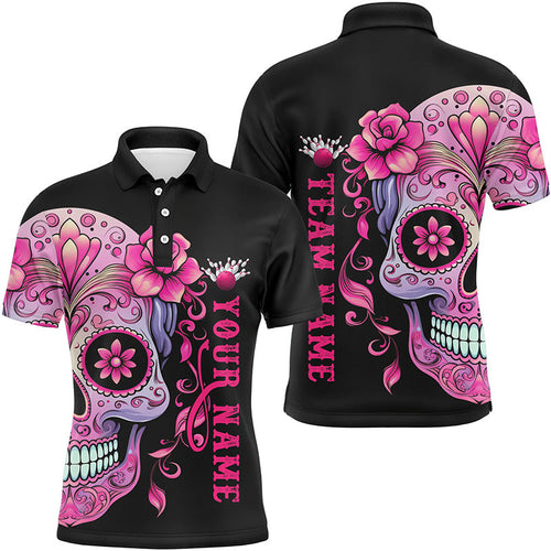 Pink Sugar Skull Tattoo Custom Unisex Team Bowling Polo Shirts, Halloween Team Bowling Jerseys IPHW5243
