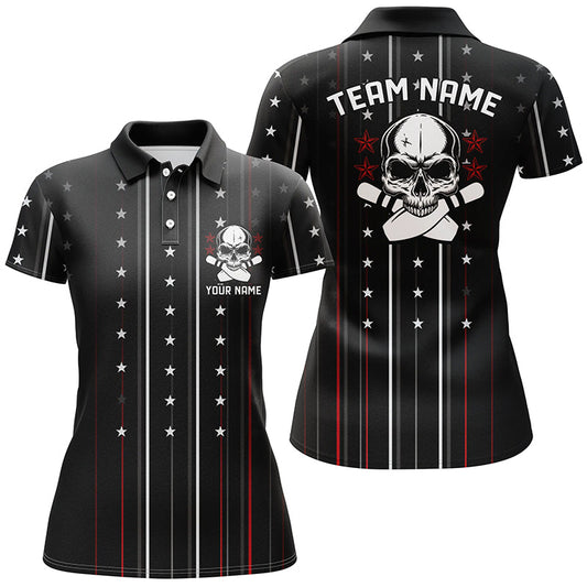 Skull Bowling Polo Shirts For Women, Bowling Pin Custom Team'S Name Bowler Jerseys IPHW5250