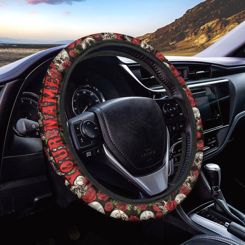 Red Roses and Skulls Custom Steering Wheel Cover, Skull Floral Car Accessories - IPHW1020
