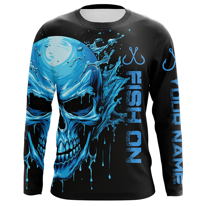 Fish On Fish Hook Custom Skull Long Sleeve Fishing Shirts,  Skull Performance Fishing Jerseys IPHW5136