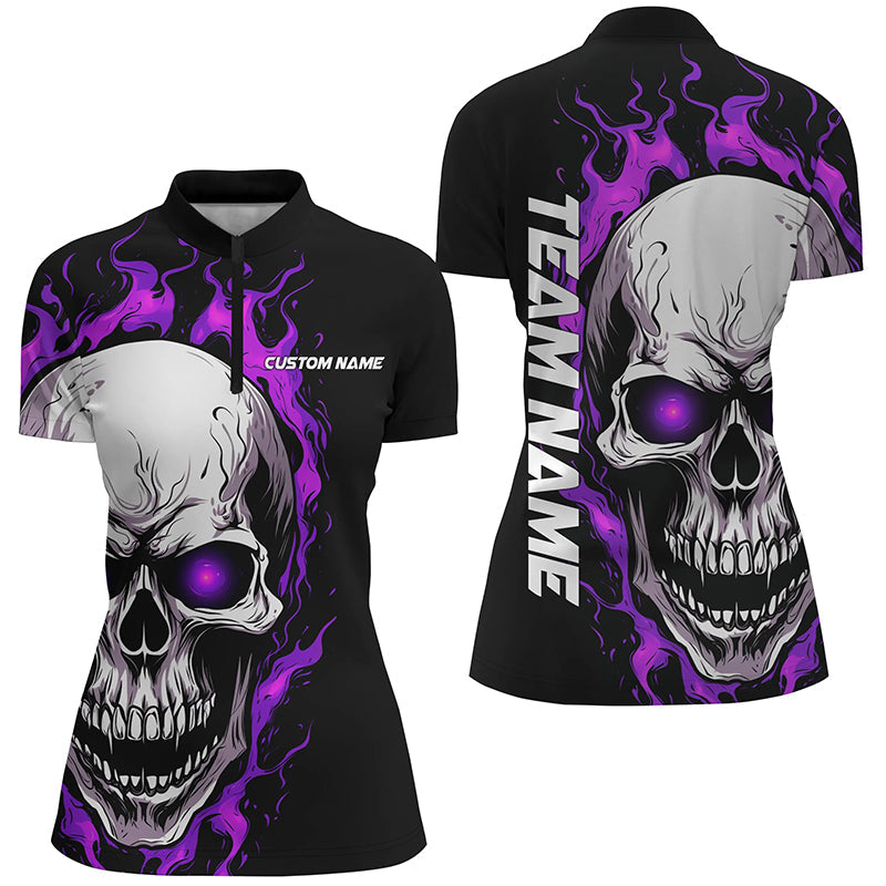Purple Flame Skull Women Sport Jerseys, Custom Team Bowling Ladies Quarter Zip Shirts IPHW5273