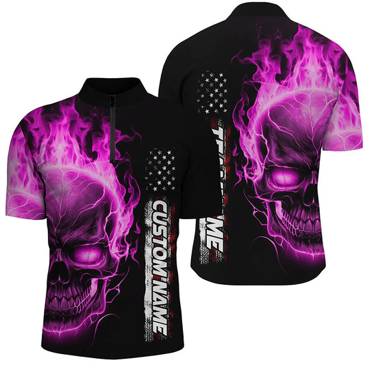 Pink Flame Skull Custom Bowling Quarter Zip Shirts For Men,  American Bowling Team Jerseys IPHW5279