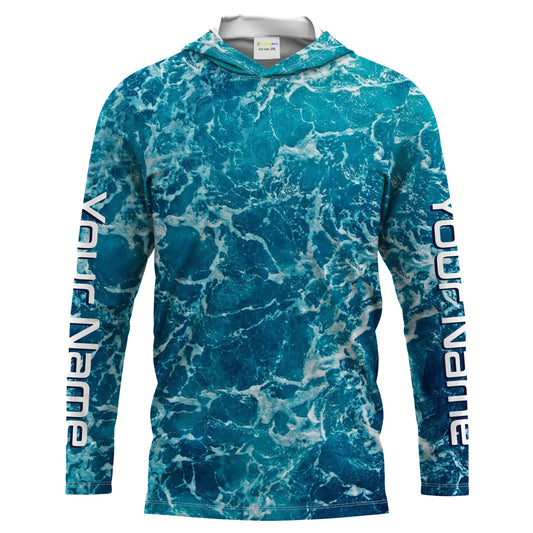 Custom Saltwater Long Sleeve performance Fishing Shirts for anglers | teal blue  Sea wave camo Fishing jerseys - IPHW1328
