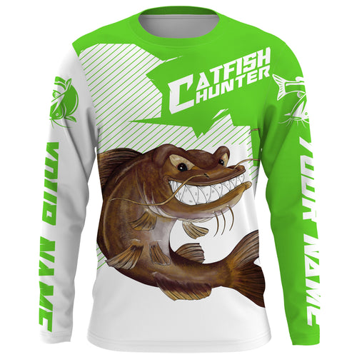Angry Catfish Custom Long sleeve performance Fishing Shirts, Catfish hunter Fishing jerseys | green IPHW3378