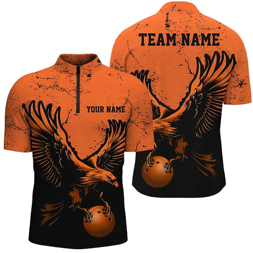 Custom Orange Eagle Men Bowling Quarter Zip Shirts Grunge Vintage Bowling Team Jerseys Outfits IPHW5343