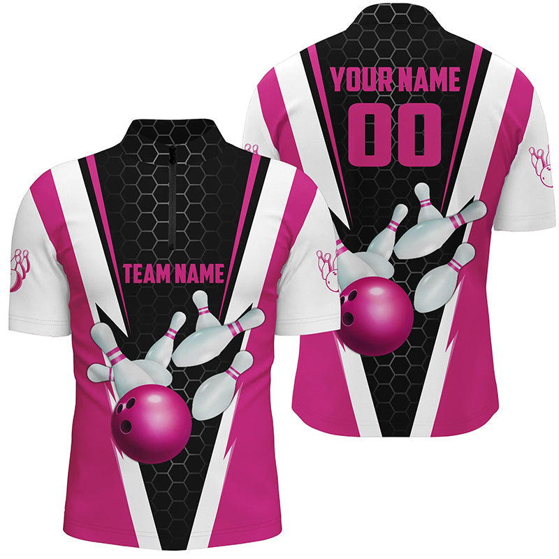 Custom Pink Strike Bowling Quarter Zip Shirts For Men, Bowling Team Jerseys With Name And Number IPHW5282