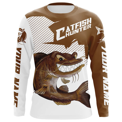 Angry Catfish Custom Long Sleeve Fishing Shirts, Catfish Hunter Fishing Jerseys | Brown IPHW4286