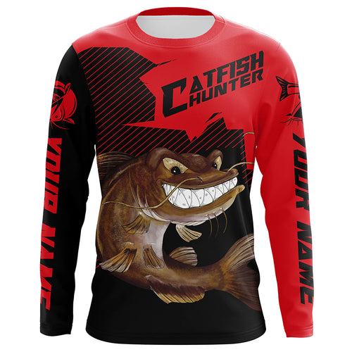 Angry Catfish Custom Long Sleeve Fishing Shirts, Catfish Hunter Fishing Jerseys | Black And Red IPHW4287