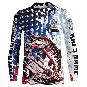 Personalized American Flag Musky Long Sleeve Fly Fishing Shirts, Patriotic Muskie Fishing Jerseys IPHW5593