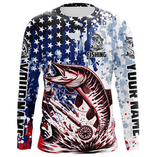 Load image into Gallery viewer, Personalized American Flag Musky Long Sleeve Fly Fishing Shirts, Patriotic Muskie Fishing Jerseys IPHW5593