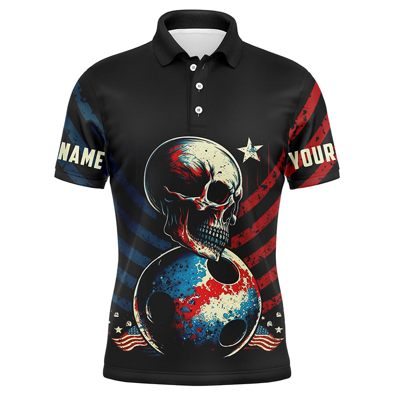 Customize Vintage American Flag Skull Bowling Shirts For Men, Men'S Bowling Polo Shirts Bowling Team IPHW3862