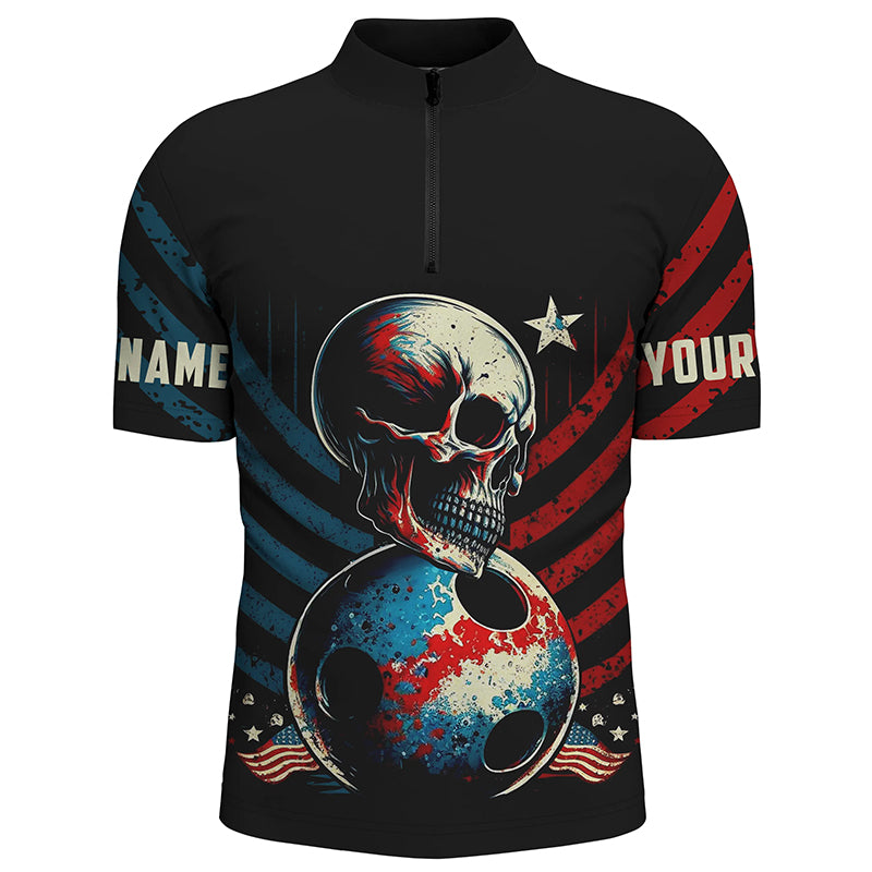Customize Vintage American Flag Skull Bowling Shirts For Men, Men'S Quarter Zip Shirts Bowling Team IPHW3862