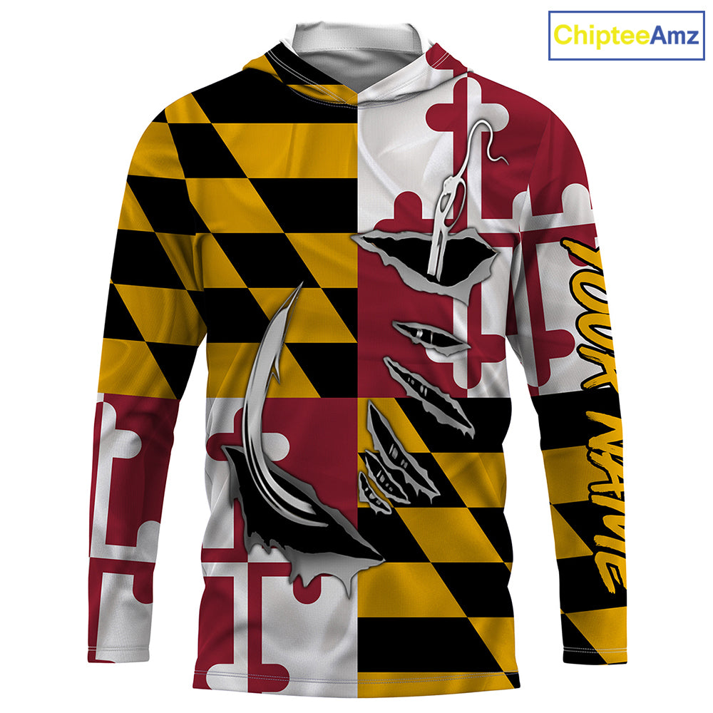 Maryland Flag 3D Fish Hook UV Protection Custom Long Sleeve performance Fishing Shirts IPHW493