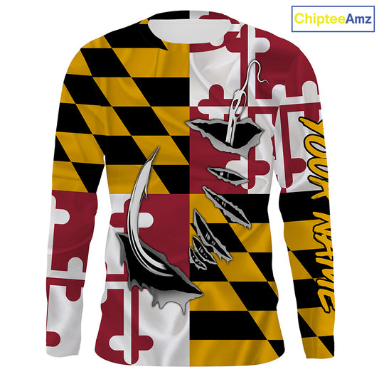 Maryland Flag 3D Fish Hook UV Protection Custom Long Sleeve performance Fishing Shirts IPHW493