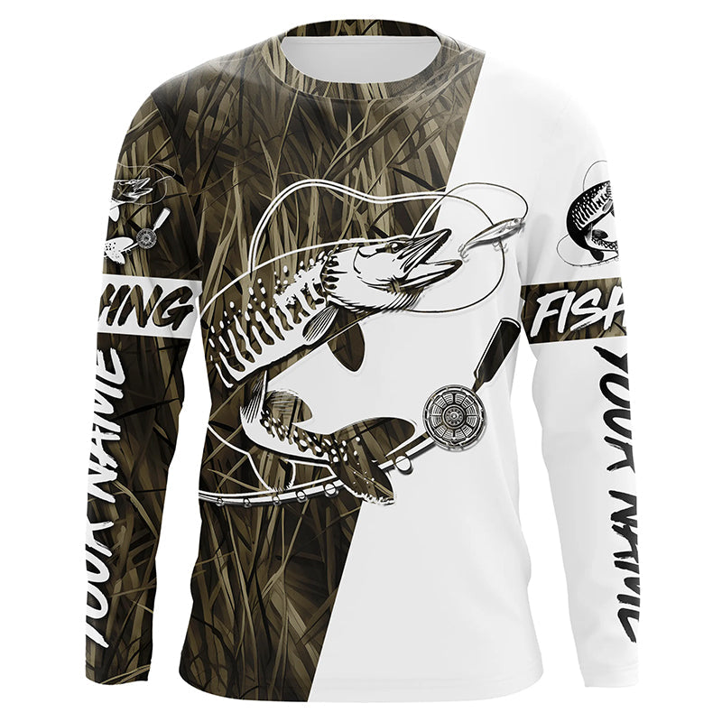 Musky Fishing Tattoo Grass Camo Custom Long Sleeve Tournament Shirts, Muskie Fishing Jerseys IPHW6129