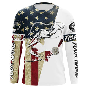 Custom American Flag Musky Tattoo Grass Camo Long Sleeve Fishing Shirts, Patriotic Muskie Shirt IPHW6130