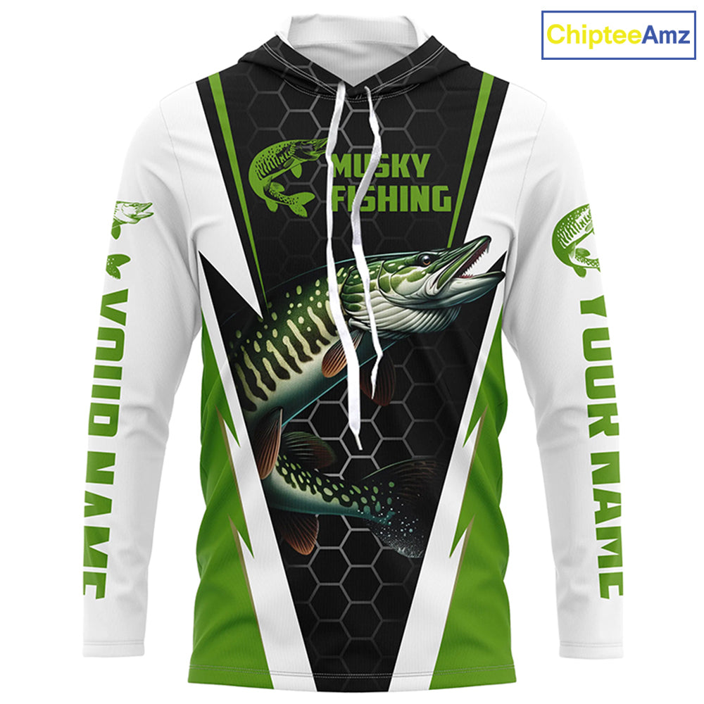 Personalized Musky Fishing Long Sleeve Tournament Fishing Shirts, Musky Fishing Jerseys |Green IPHW6142