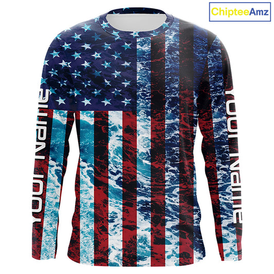 Custom Saltwater Long Sleeve Uv Fishing Shirts, American Flag Sea Wave Camo Fishing Shirts IPHW5028