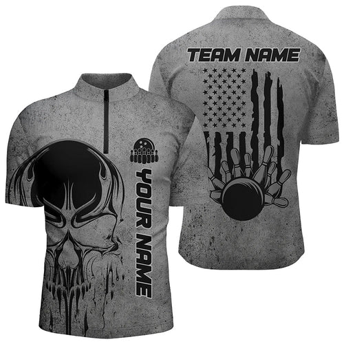 Personalized Skull Bowling Shirt For Men Custom Team Name American Flag Bowler Jersey Polo Shirt IPHW5324
