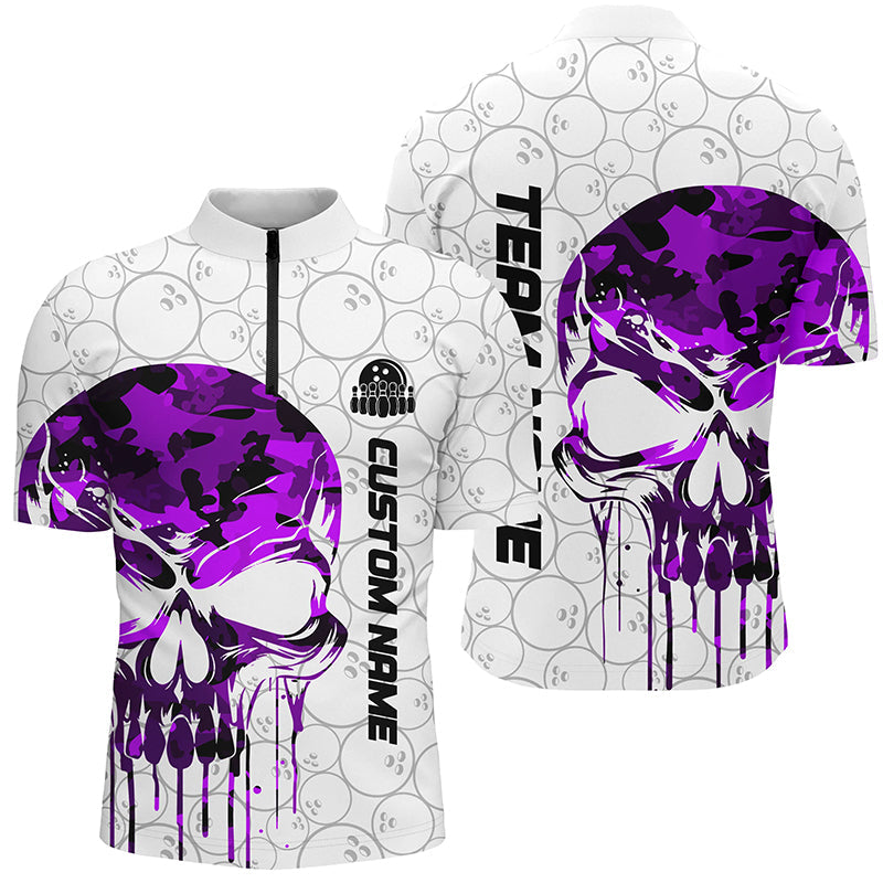 Custom Purple Camo Skull Bowling Quarter Zip Shirts Men Team Bowling Jerseys Bowling League IPHW5326
