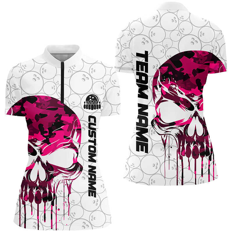 Custom Pink Camo Skull Bowling Quarter-Zip Shirts Women Team Bowling Jerseys Outfit IPHW5328