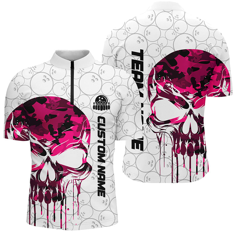 Custom Pink Camo Skull Bowling Quarter Zip Shirts Men Team Bowling Jerseys Bowling League Outfit IPHW5328