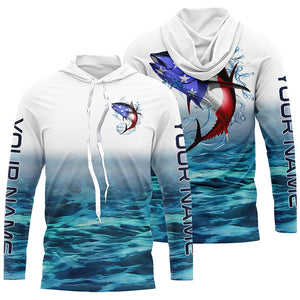 American Flag Tuna Long Sleeve Fishing Shirts, Custom Patriotic Tuna Tournament Fishing Shirts IPHW4401