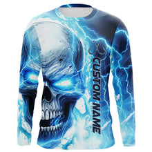 Load image into Gallery viewer, Blue Thunder Lightning Skull Custom Long Sleeve Fishing Shirts, Fish Hook Skull Fishing Jerseys IPHW5189