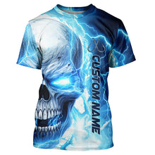 Load image into Gallery viewer, Blue Thunder Lightning Skull Custom Long Sleeve Fishing Shirts, Fish Hook Skull Fishing Jerseys IPHW5189