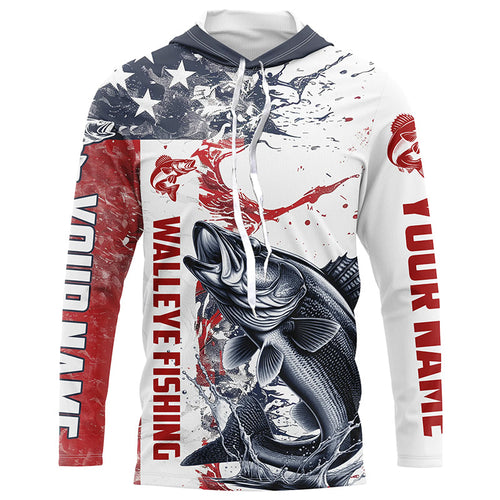 Personalized American Flag Walleye Fishing Shirts, Walleye Long Sleeve Tournament Fishing Jerseys IPHW6005
