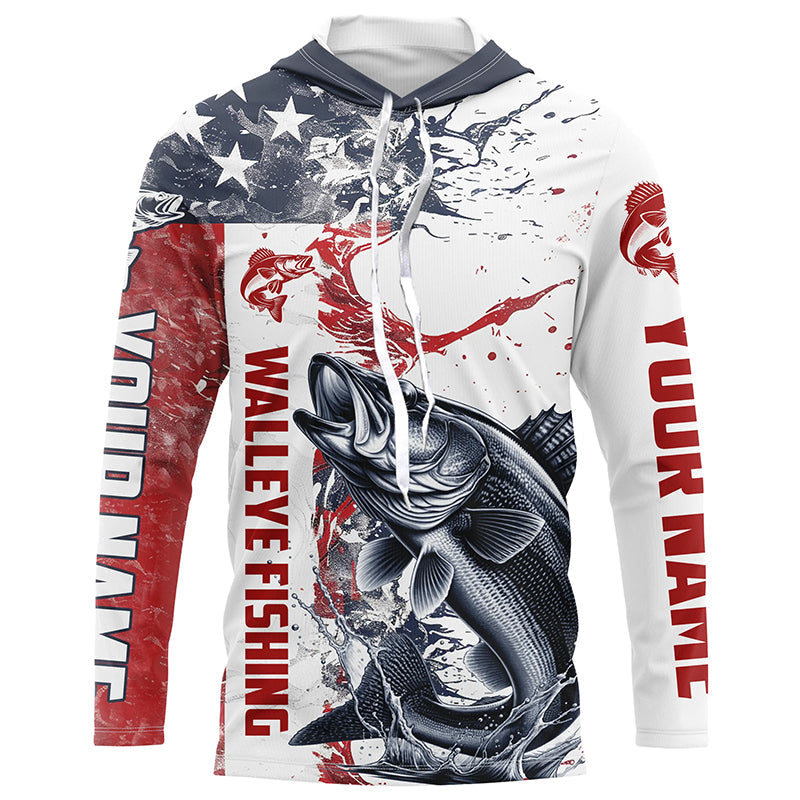 Personalized American Flag Walleye Fishing Shirts, Walleye Long Sleeve Tournament Fishing Jerseys IPHW6005