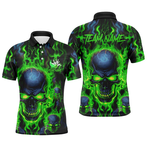 Custom Bowling Polo Shirts Men Green Flame Skull Team Bowling Jerseys Halloween Bowler Outfits IPHW5379