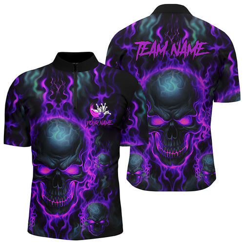 Custom Bowling Quarter Zip Shirts Men Purple Flame Skull Team Bowling Jerseys Halloween Outfits IPHW5380