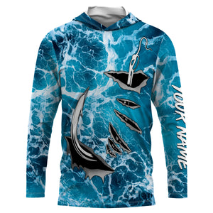 Fishing camo Fish hook Custom Long sleeve performance Fishing Shirts, sea waves camo Fishing jerseys IPHW2935