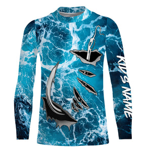 Fishing camo Fish hook Custom Long sleeve performance Fishing Shirts, sea waves camo Fishing jerseys IPHW2935