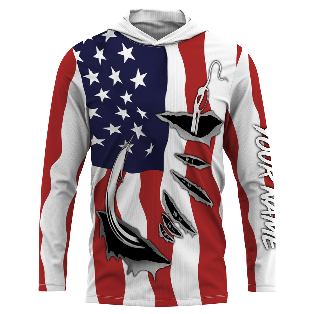 American Flag Patriotic Fish hook Custom Long sleeve Shirts, 4th of July Fishing tournament Shirts  - IPH1900