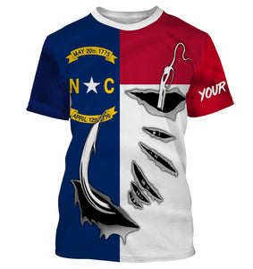 NC North Carolina Flag Fishing 3D Fish Hook UV protection quick dry customize name long sleeves shirts personalized Patriotic fishing apparel gift for Fishing lovers IPH1905