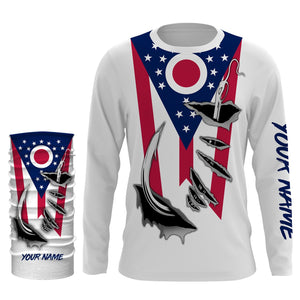 OH Ohio Flag Fishing 3D Fish Hook UV protection quick dry customize name long sleeves shirts personalized Patriotic fishing apparel gift for Fishing lovers IPH1906