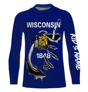 WI Wisconsin Flag Fishing 3D Fish Hook UV protection quick dry customize name long sleeves shirts personalized Patriotic fishing apparel gift for Fishing lovers IPH1912