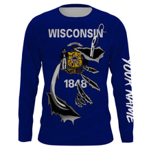 Load image into Gallery viewer, WI Wisconsin Flag Fishing 3D Fish Hook UV protection quick dry customize name long sleeves shirts personalized Patriotic fishing apparel gift for Fishing lovers IPH1912