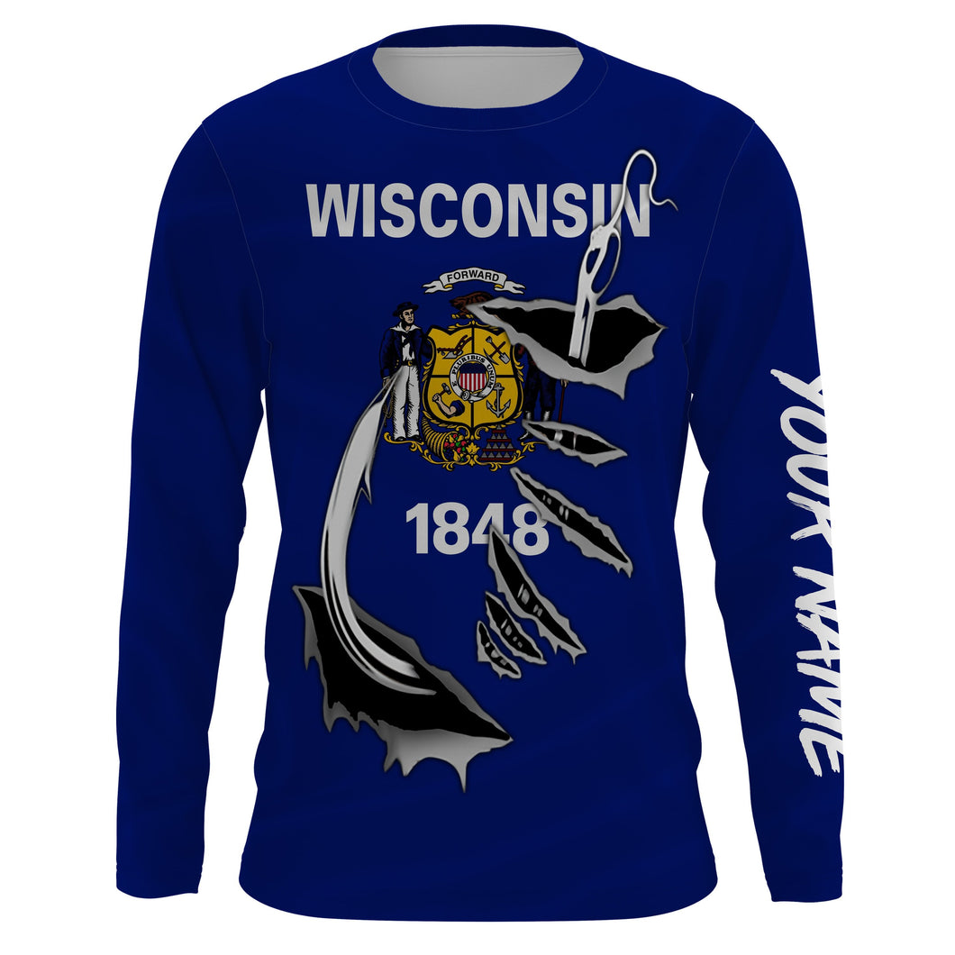 WI Wisconsin Flag Fishing 3D Fish Hook UV protection quick dry customize name long sleeves shirts personalized Patriotic fishing apparel gift for Fishing lovers IPH1912