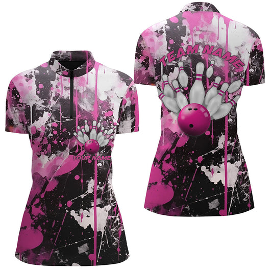 Pink Camo Bowling Team Shirts Women Quarter Zip Custom Bowling League Jerseys IPHW5411