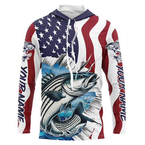 Custom American Flag Striped Bass Long Sleeve Fishing Shirts, Patriotic Striper Fishing Jerseys IPHW6117