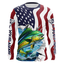 Load image into Gallery viewer, Custom American Flag Mahi Mahi Long Sleeve Fishing Shirts, Patriotic Mahimahi Fishing Jerseys IPHW6118