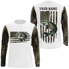 Load image into Gallery viewer, American Flag Camo Custom Musky Long Sleeve Fishing Shirts, Patriotic Musky Fishing Jerseys IPHW6136