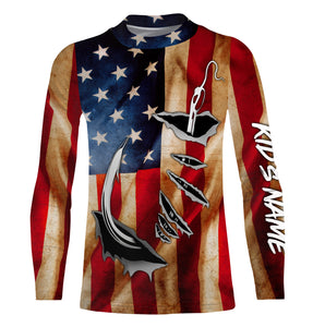 Fish Hook Vintage American Flag Custom Long Sleeve Fishing Shirts, Personalized Patriotic Fishing Gifts FEB21 - IPHW662