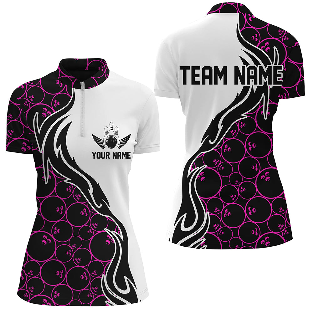 Pink Bowling Pattern Custom Women Bowling Quarter Zip Shirts Flame Bowling Team Jerseys IPHW5309
