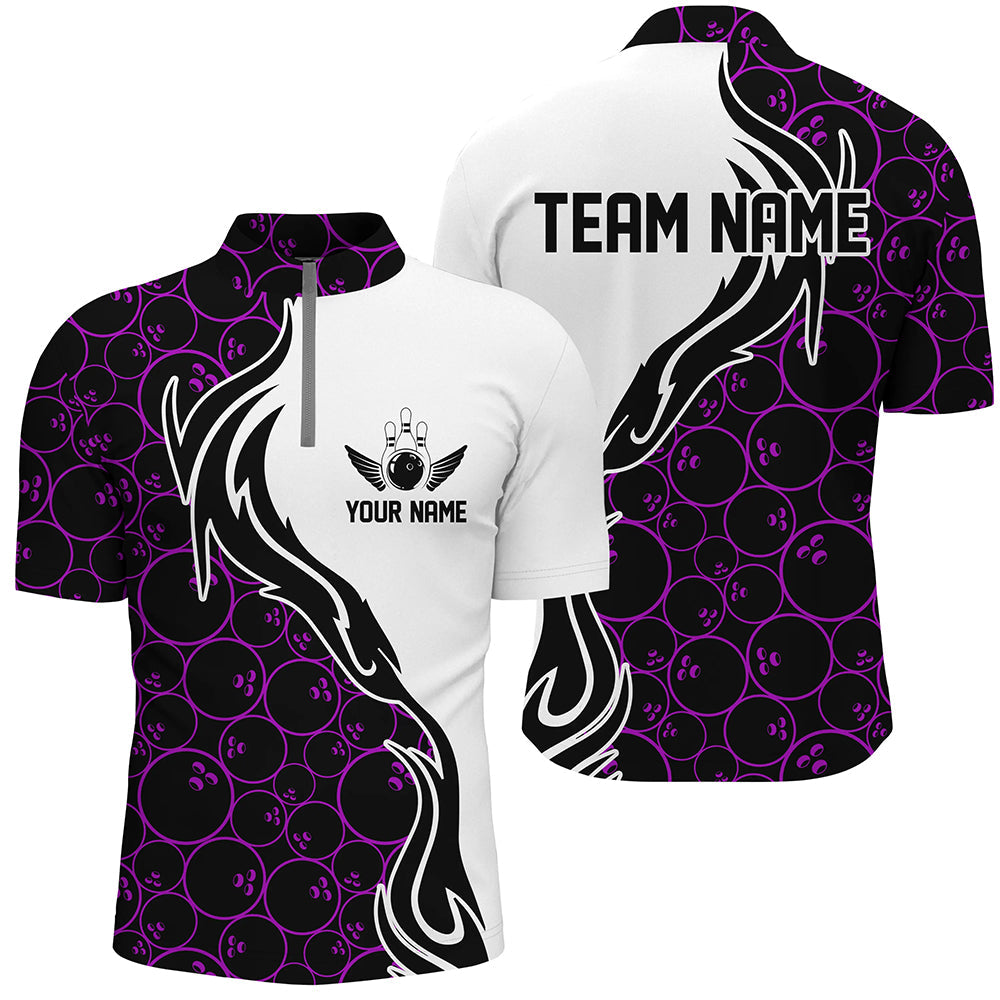 Purple Bowling Pattern Custom Men Bowling Quarter Zip Shirts Flame Bowling Team Jerseys IPHW5310